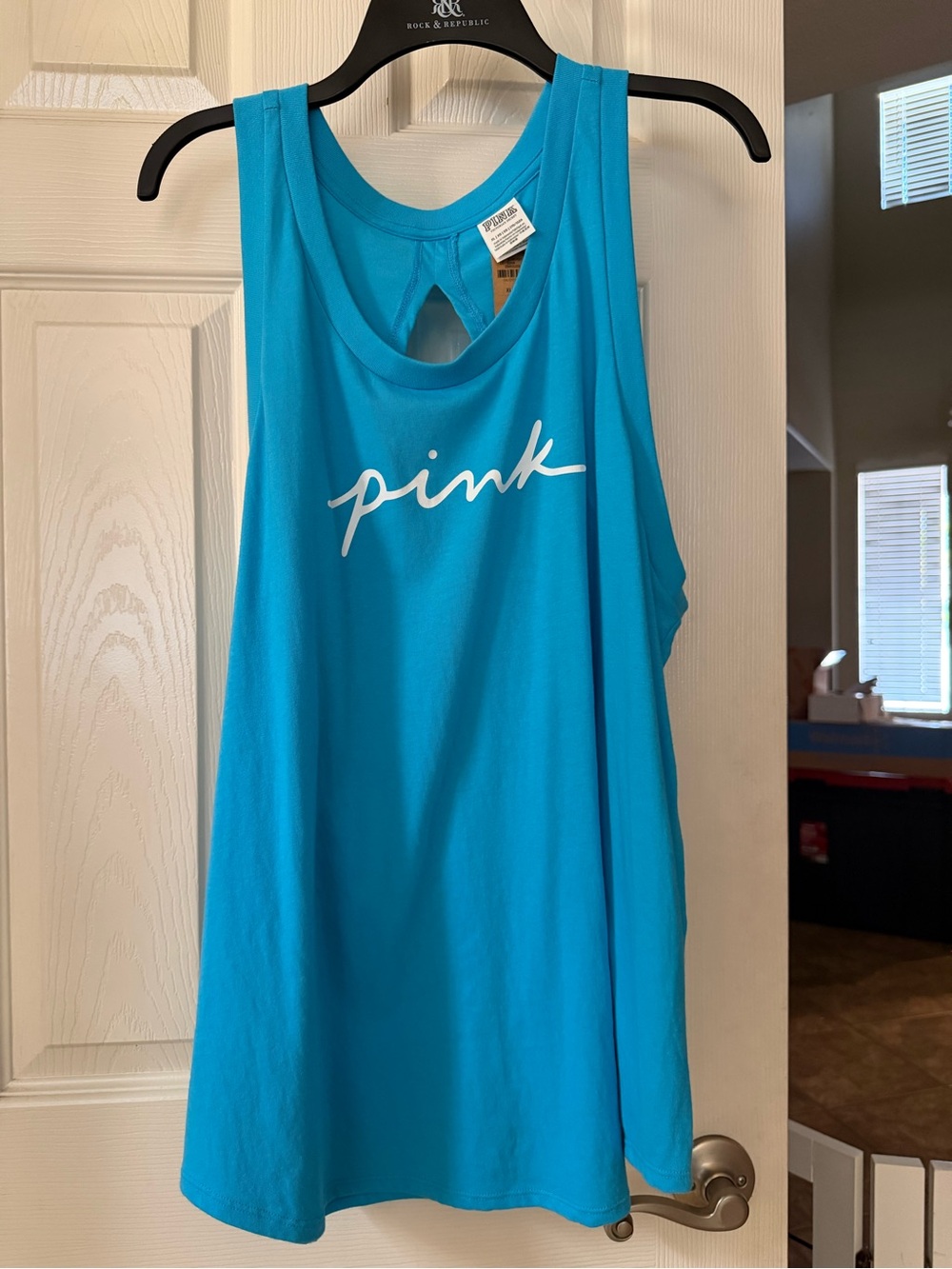 PINK Victoria's Secret Bright Aqua Blue Logo open back Tank